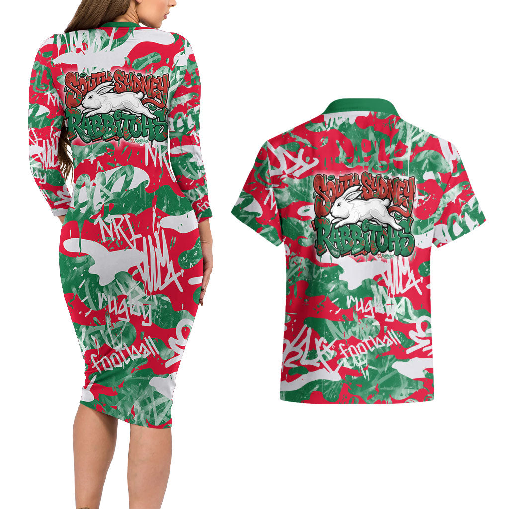South Sydney Rabbitohs Rugby Couples Matching Long Sleeve Bodycon Dress and Hawaiian Shirt Graffiti Typography Urban Camo Abstract Street Style
