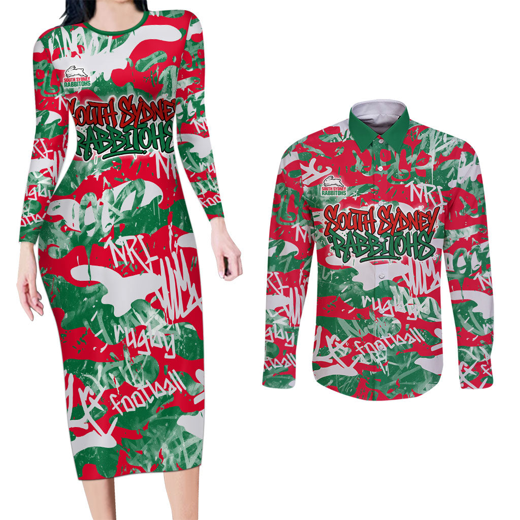 South Sydney Rabbitohs Rugby Couples Matching Long Sleeve Bodycon Dress and Long Sleeve Button Shirt Graffiti Typography Urban Camo Abstract Street Style