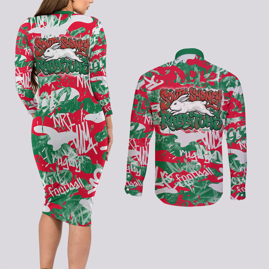 South Sydney Rabbitohs Rugby Couples Matching Long Sleeve Bodycon Dress and Long Sleeve Button Shirt Graffiti Typography Urban Camo Abstract Street Style