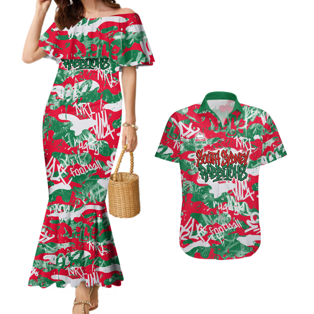 South Sydney Rabbitohs Rugby Couples Matching Mermaid Dress and Hawaiian Shirt Graffiti Typography Urban Camo Abstract Street Style