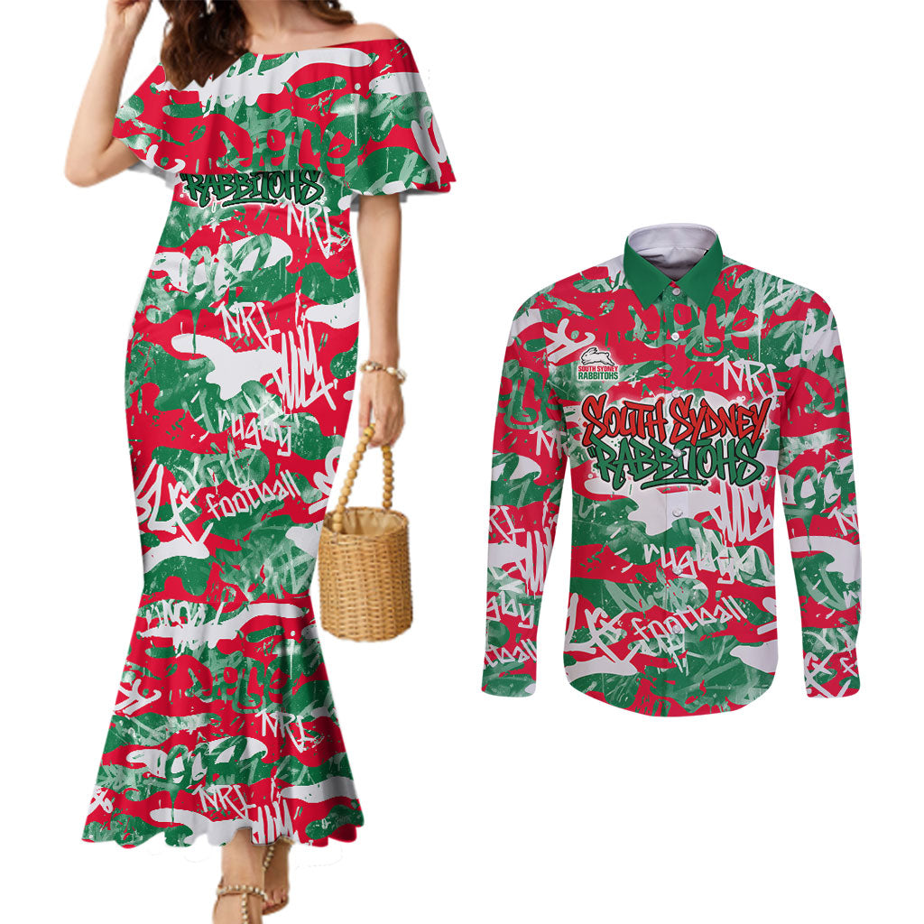 South Sydney Rabbitohs Rugby Couples Matching Mermaid Dress and Long Sleeve Button Shirt Graffiti Typography Urban Camo Abstract Street Style
