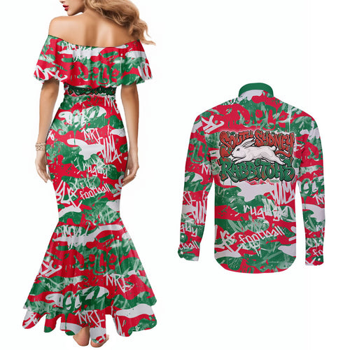 South Sydney Rabbitohs Rugby Couples Matching Mermaid Dress and Long Sleeve Button Shirt Graffiti Typography Urban Camo Abstract Street Style