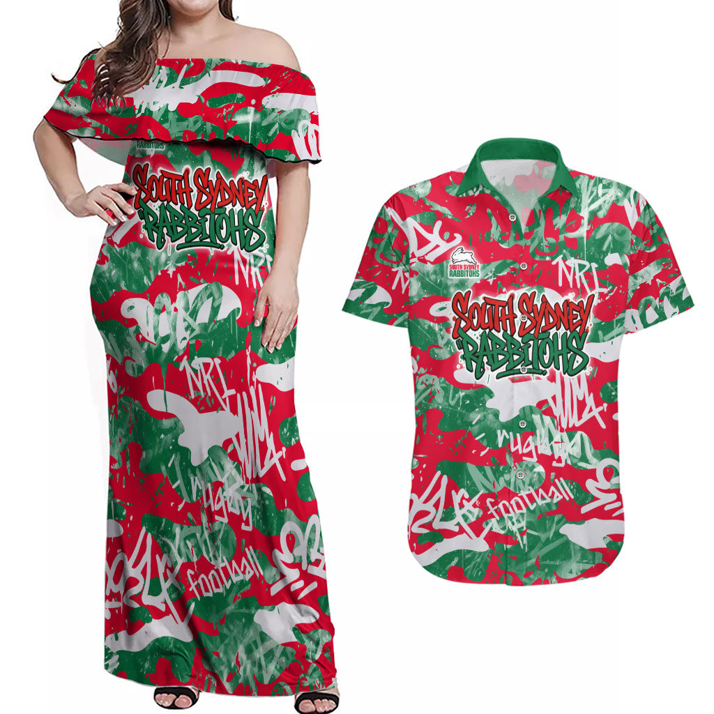 South Sydney Rabbitohs Rugby Couples Matching Off Shoulder Maxi Dress and Hawaiian Shirt Graffiti Typography Urban Camo Abstract Street Style