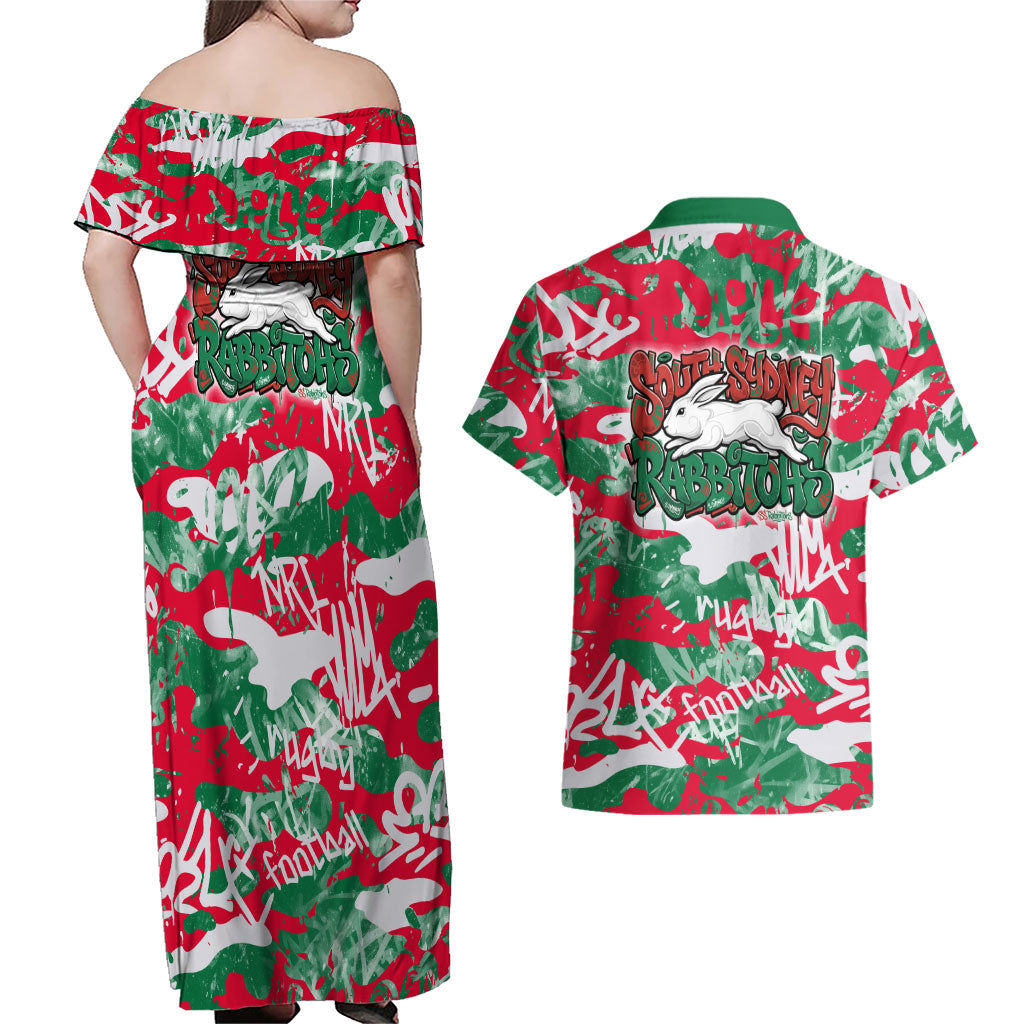 South Sydney Rabbitohs Rugby Couples Matching Off Shoulder Maxi Dress and Hawaiian Shirt Graffiti Typography Urban Camo Abstract Street Style