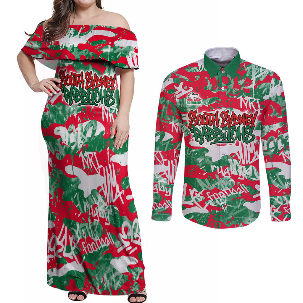 South Sydney Rabbitohs Rugby Couples Matching Off Shoulder Maxi Dress and Long Sleeve Button Shirt Graffiti Typography Urban Camo Abstract Street Style
