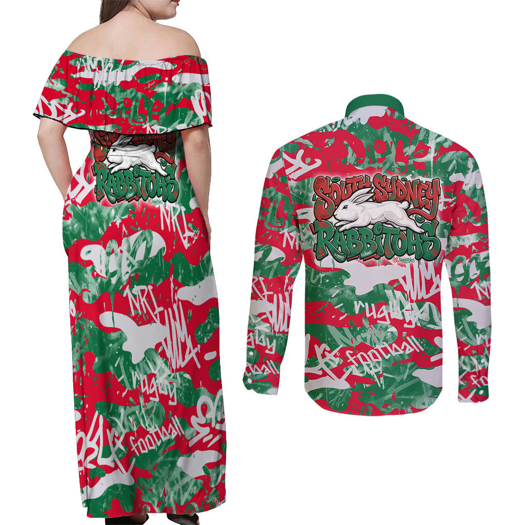 South Sydney Rabbitohs Rugby Couples Matching Off Shoulder Maxi Dress and Long Sleeve Button Shirt Graffiti Typography Urban Camo Abstract Street Style