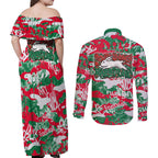 South Sydney Rabbitohs Rugby Couples Matching Off Shoulder Maxi Dress and Long Sleeve Button Shirt Graffiti Typography Urban Camo Abstract Street Style