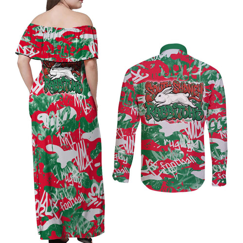South Sydney Rabbitohs Rugby Couples Matching Off Shoulder Maxi Dress and Long Sleeve Button Shirt Graffiti Typography Urban Camo Abstract Street Style