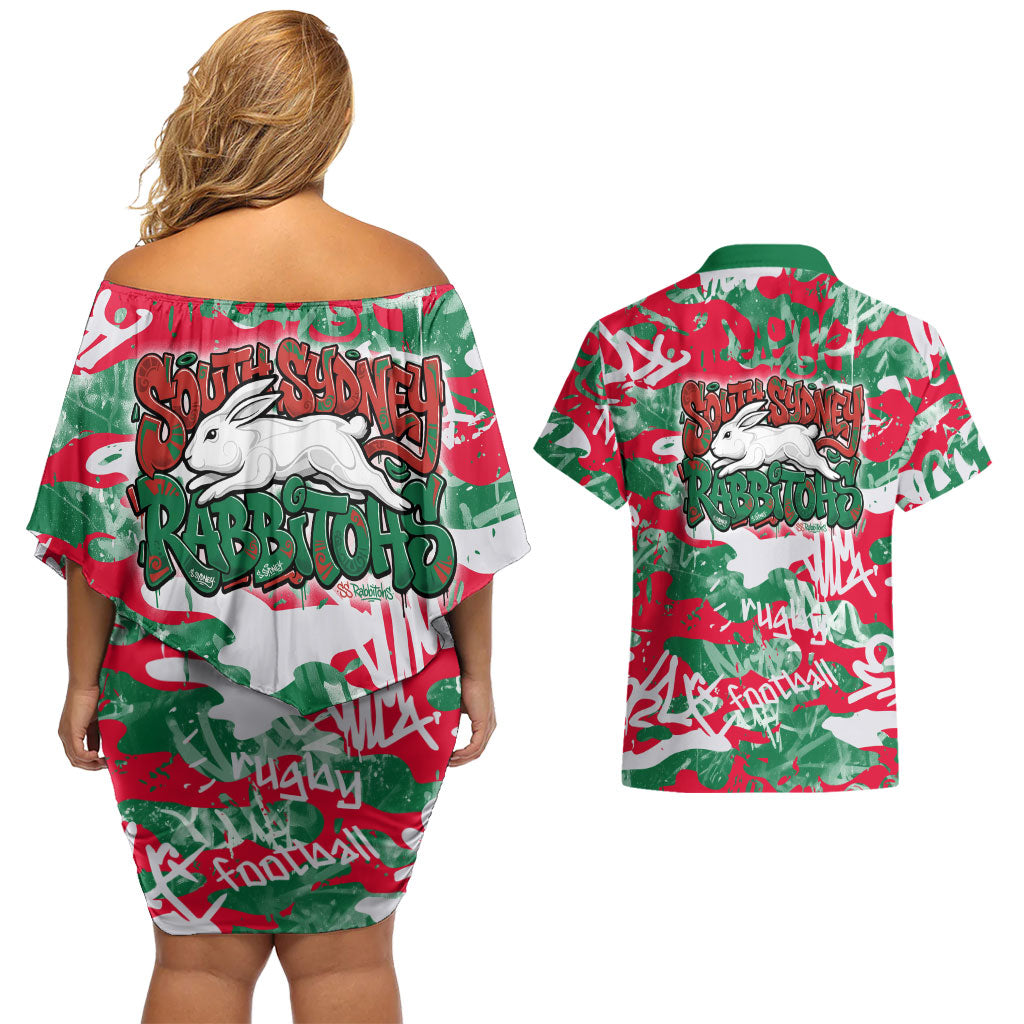 South Sydney Rabbitohs Rugby Couples Matching Off Shoulder Short Dress and Hawaiian Shirt Graffiti Typography Urban Camo Abstract Street Style
