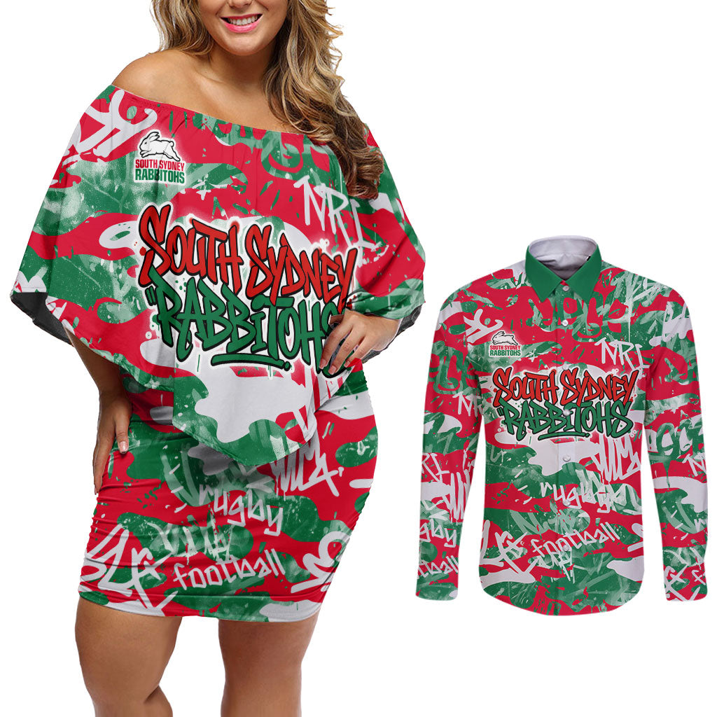 South Sydney Rabbitohs Rugby Couples Matching Off Shoulder Short Dress and Long Sleeve Button Shirt Graffiti Typography Urban Camo Abstract Street Style