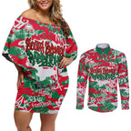 South Sydney Rabbitohs Rugby Couples Matching Off Shoulder Short Dress and Long Sleeve Button Shirt Graffiti Typography Urban Camo Abstract Street Style