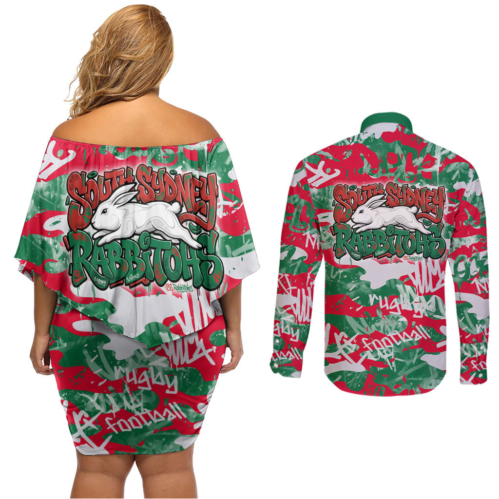 South Sydney Rabbitohs Rugby Couples Matching Off Shoulder Short Dress and Long Sleeve Button Shirt Graffiti Typography Urban Camo Abstract Street Style