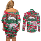 South Sydney Rabbitohs Rugby Couples Matching Off Shoulder Short Dress and Long Sleeve Button Shirt Graffiti Typography Urban Camo Abstract Street Style