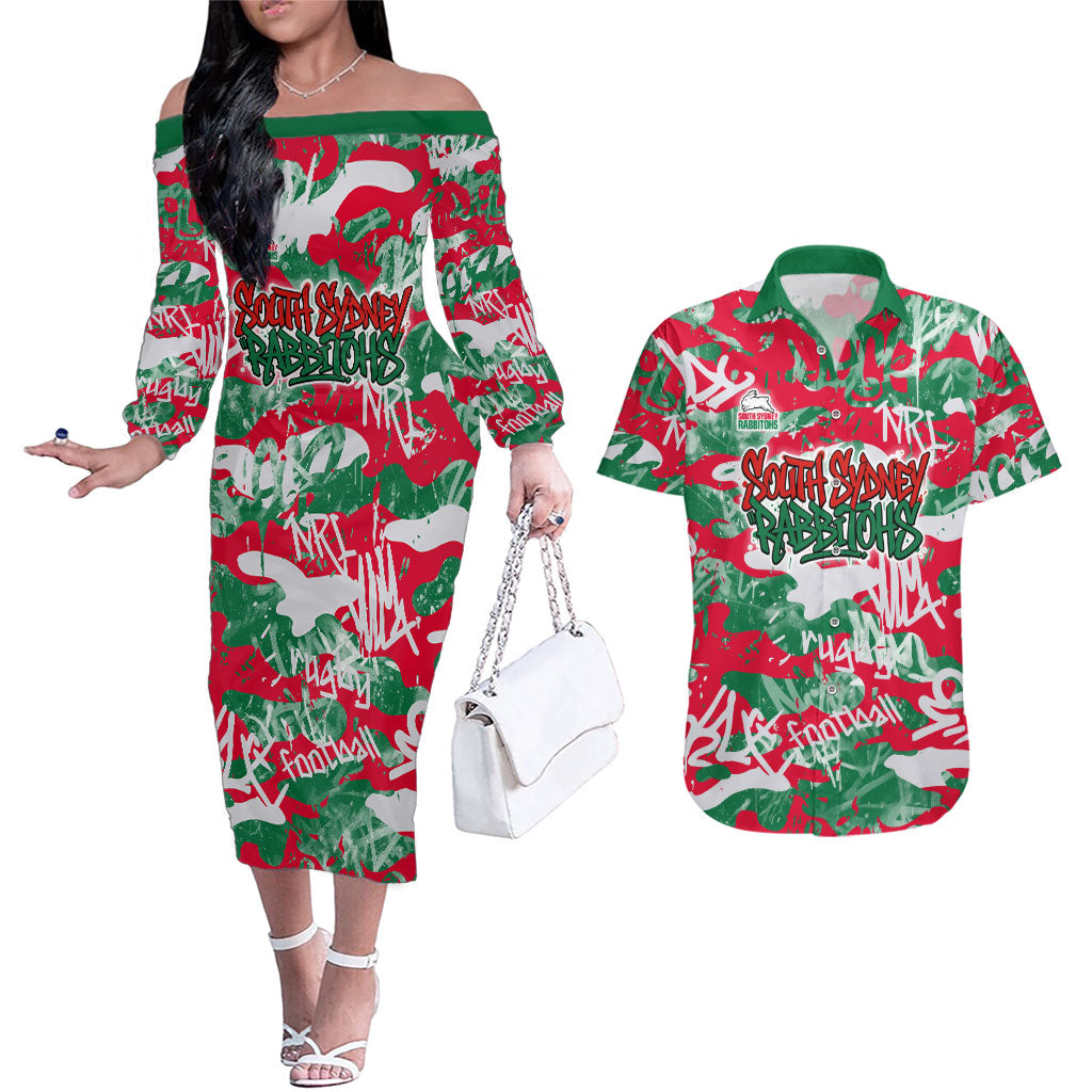 South Sydney Rabbitohs Rugby Couples Matching Off The Shoulder Long Sleeve Dress and Hawaiian Shirt Graffiti Typography Urban Camo Abstract Street Style