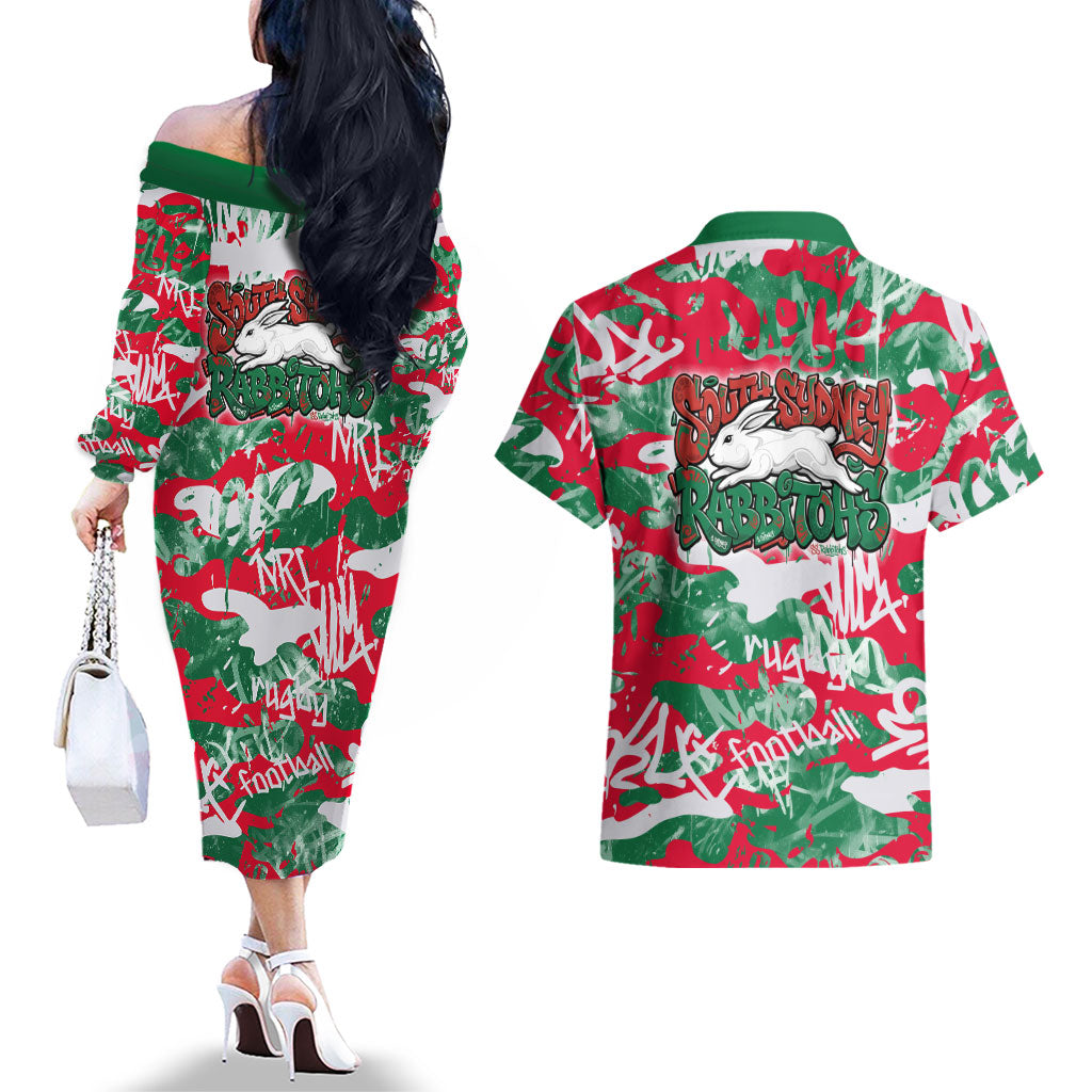 South Sydney Rabbitohs Rugby Couples Matching Off The Shoulder Long Sleeve Dress and Hawaiian Shirt Graffiti Typography Urban Camo Abstract Street Style