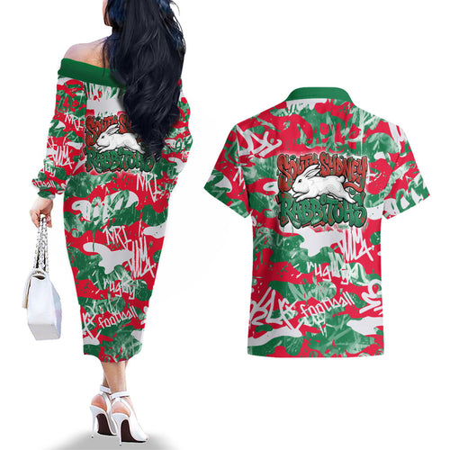 South Sydney Rabbitohs Rugby Couples Matching Off The Shoulder Long Sleeve Dress and Hawaiian Shirt Graffiti Typography Urban Camo Abstract Street Style