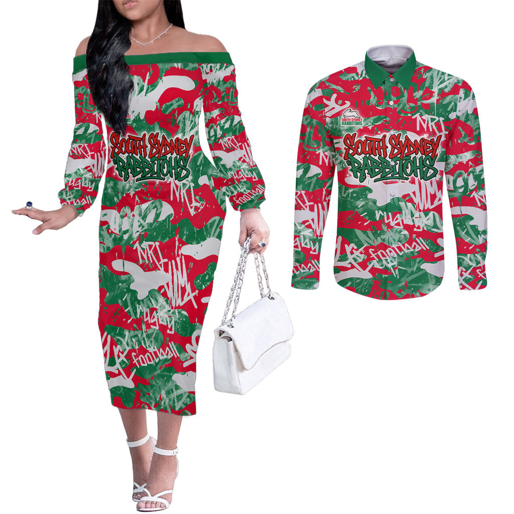 South Sydney Rabbitohs Rugby Couples Matching Off The Shoulder Long Sleeve Dress and Long Sleeve Button Shirt Graffiti Typography Urban Camo Abstract Street Style