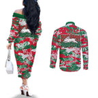 South Sydney Rabbitohs Rugby Couples Matching Off The Shoulder Long Sleeve Dress and Long Sleeve Button Shirt Graffiti Typography Urban Camo Abstract Street Style