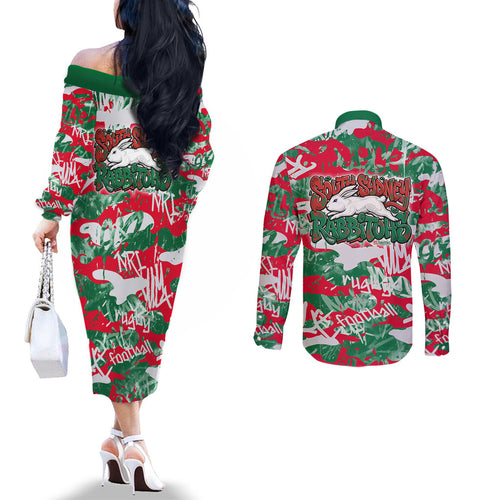 South Sydney Rabbitohs Rugby Couples Matching Off The Shoulder Long Sleeve Dress and Long Sleeve Button Shirt Graffiti Typography Urban Camo Abstract Street Style