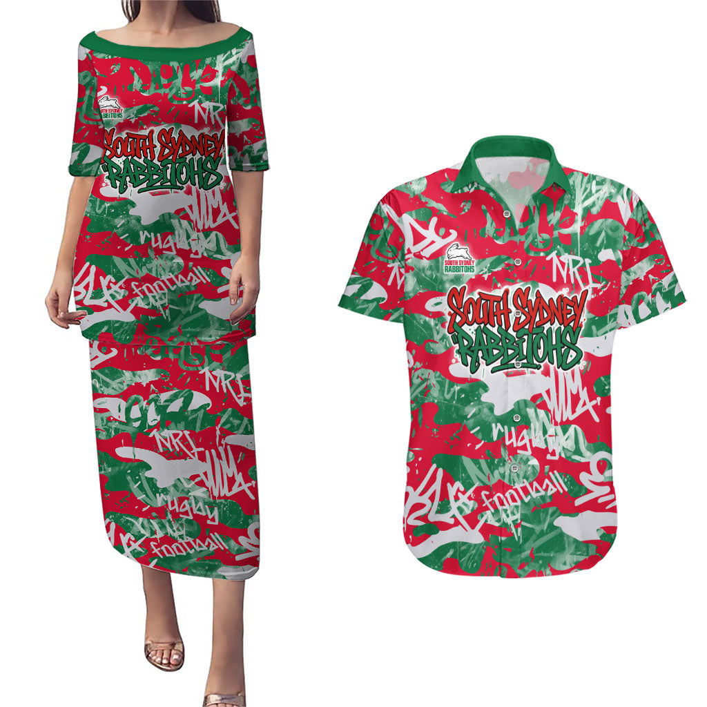 South Sydney Rabbitohs Rugby Couples Matching Puletasi and Hawaiian Shirt Graffiti Typography Urban Camo Abstract Street Style