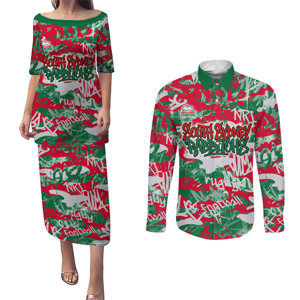South Sydney Rabbitohs Rugby Couples Matching Puletasi and Long Sleeve Button Shirt Graffiti Typography Urban Camo Abstract Street Style