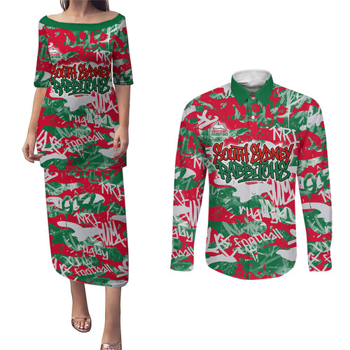 South Sydney Rabbitohs Rugby Couples Matching Puletasi and Long Sleeve Button Shirt Graffiti Typography Urban Camo Abstract Street Style