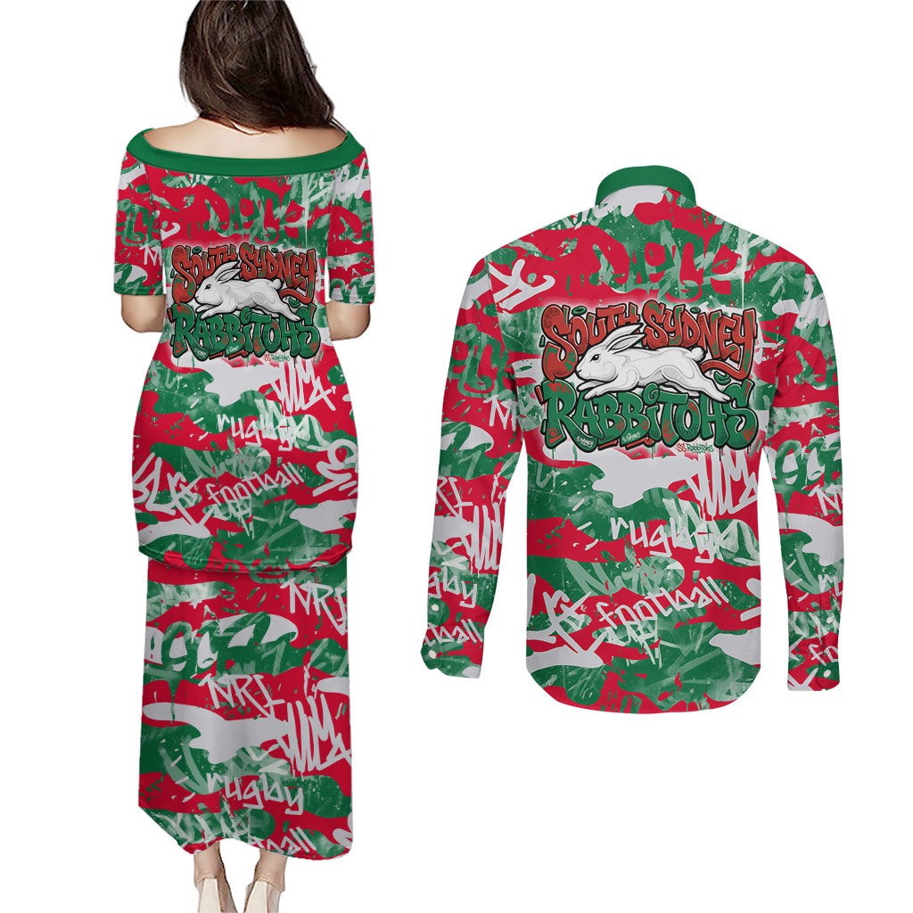 South Sydney Rabbitohs Rugby Couples Matching Puletasi and Long Sleeve Button Shirt Graffiti Typography Urban Camo Abstract Street Style