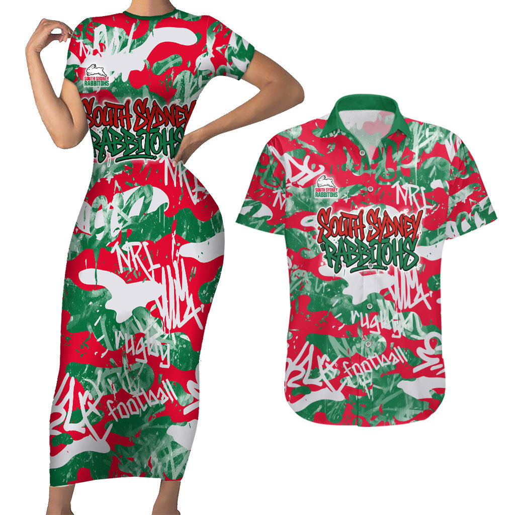 South Sydney Rabbitohs Rugby Couples Matching Short Sleeve Bodycon Dress and Hawaiian Shirt Graffiti Typography Urban Camo Abstract Street Style