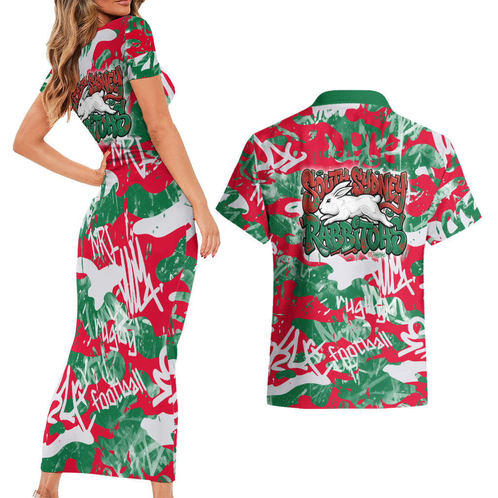 South Sydney Rabbitohs Rugby Couples Matching Short Sleeve Bodycon Dress and Hawaiian Shirt Graffiti Typography Urban Camo Abstract Street Style
