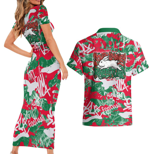 South Sydney Rabbitohs Rugby Couples Matching Short Sleeve Bodycon Dress and Hawaiian Shirt Graffiti Typography Urban Camo Abstract Street Style
