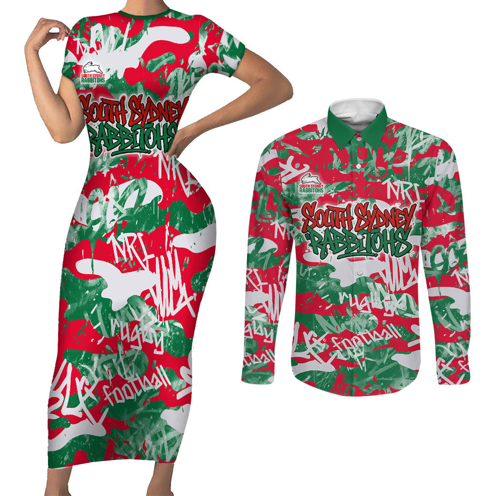 South Sydney Rabbitohs Rugby Couples Matching Short Sleeve Bodycon Dress and Long Sleeve Button Shirt Graffiti Typography Urban Camo Abstract Street Style