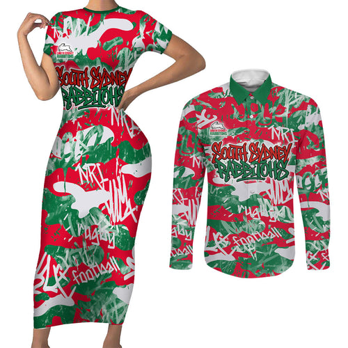 South Sydney Rabbitohs Rugby Couples Matching Short Sleeve Bodycon Dress and Long Sleeve Button Shirt Graffiti Typography Urban Camo Abstract Street Style