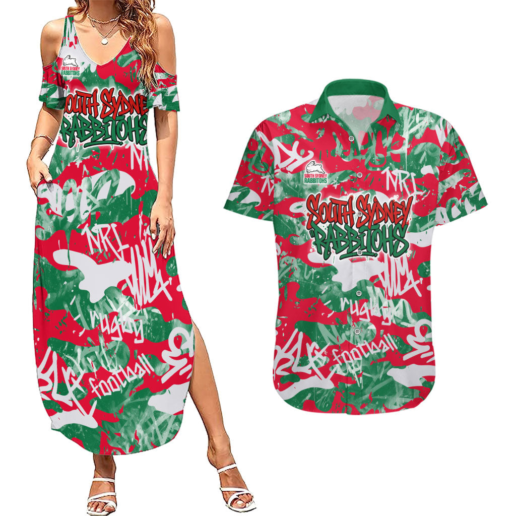 South Sydney Rabbitohs Rugby Couples Matching Summer Maxi Dress and Hawaiian Shirt Graffiti Typography Urban Camo Abstract Street Style