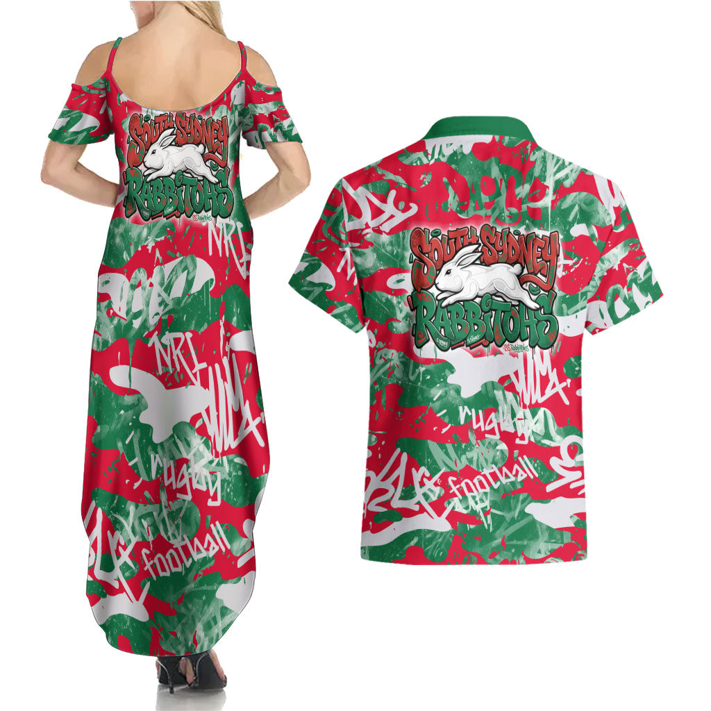 South Sydney Rabbitohs Rugby Couples Matching Summer Maxi Dress and Hawaiian Shirt Graffiti Typography Urban Camo Abstract Street Style