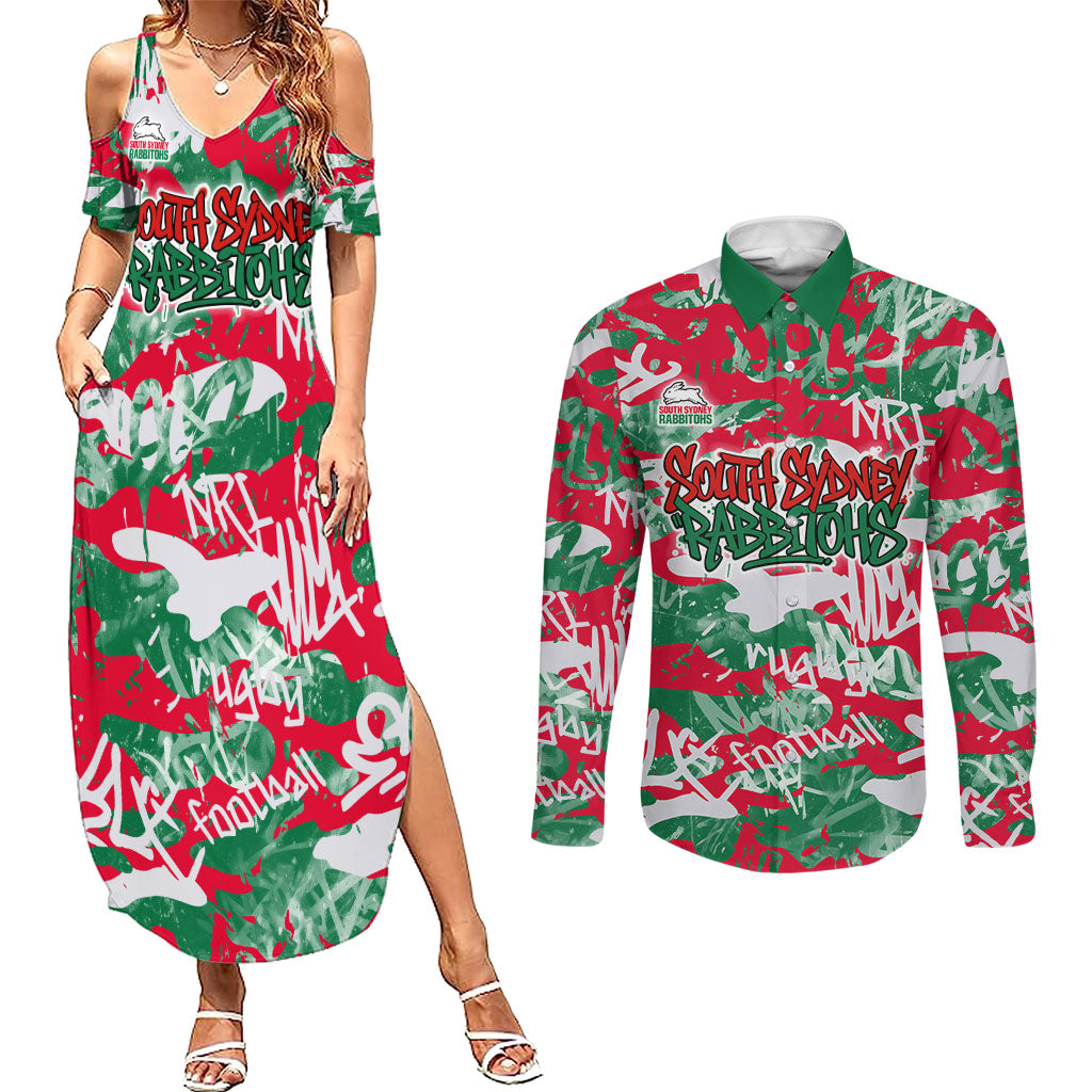 South Sydney Rabbitohs Rugby Couples Matching Summer Maxi Dress and Long Sleeve Button Shirt Graffiti Typography Urban Camo Abstract Street Style