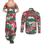 South Sydney Rabbitohs Rugby Couples Matching Summer Maxi Dress and Long Sleeve Button Shirt Graffiti Typography Urban Camo Abstract Street Style