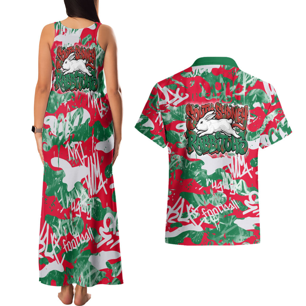 South Sydney Rabbitohs Rugby Couples Matching Tank Maxi Dress and Hawaiian Shirt Graffiti Typography Urban Camo Abstract Street Style