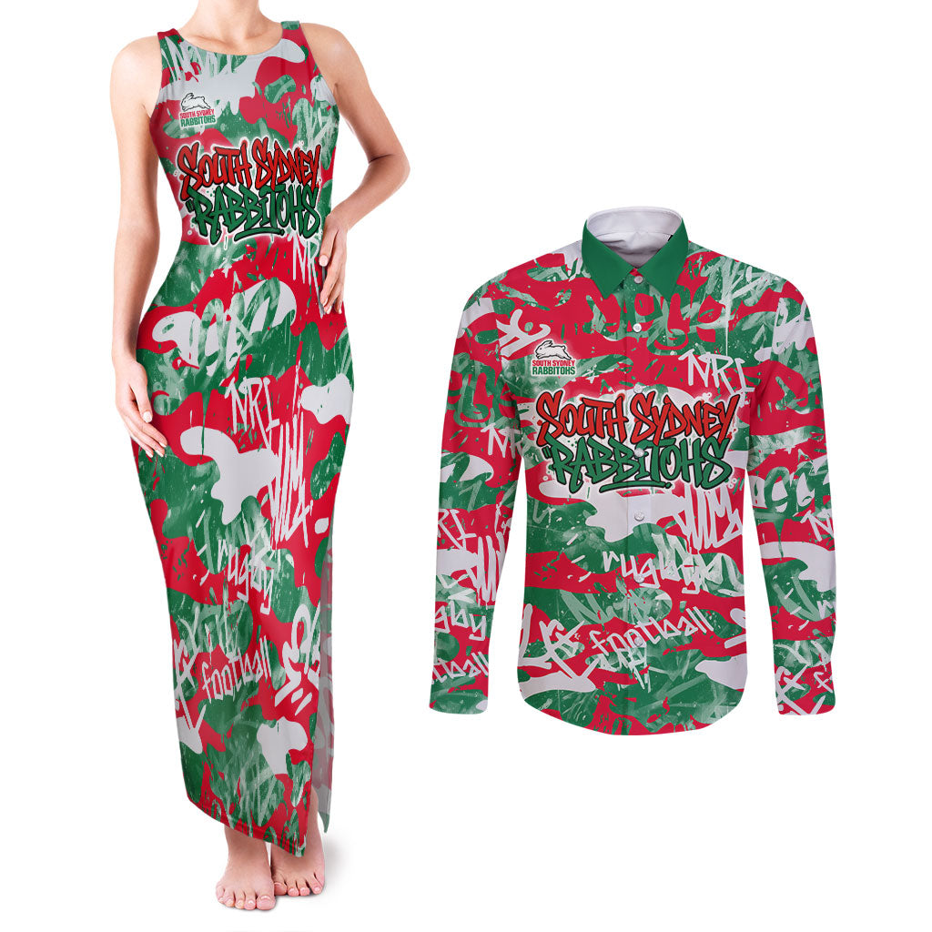 South Sydney Rabbitohs Rugby Couples Matching Tank Maxi Dress and Long Sleeve Button Shirt Graffiti Typography Urban Camo Abstract Street Style