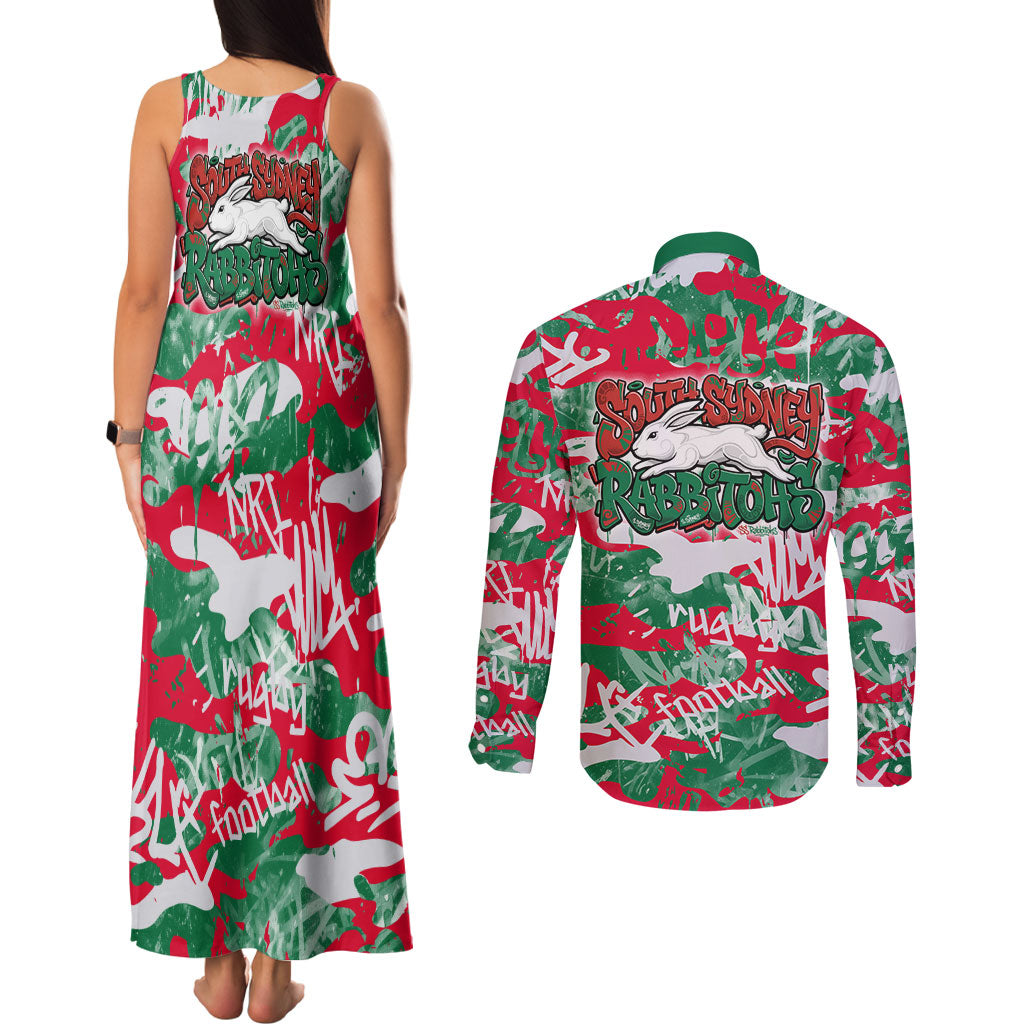 South Sydney Rabbitohs Rugby Couples Matching Tank Maxi Dress and Long Sleeve Button Shirt Graffiti Typography Urban Camo Abstract Street Style