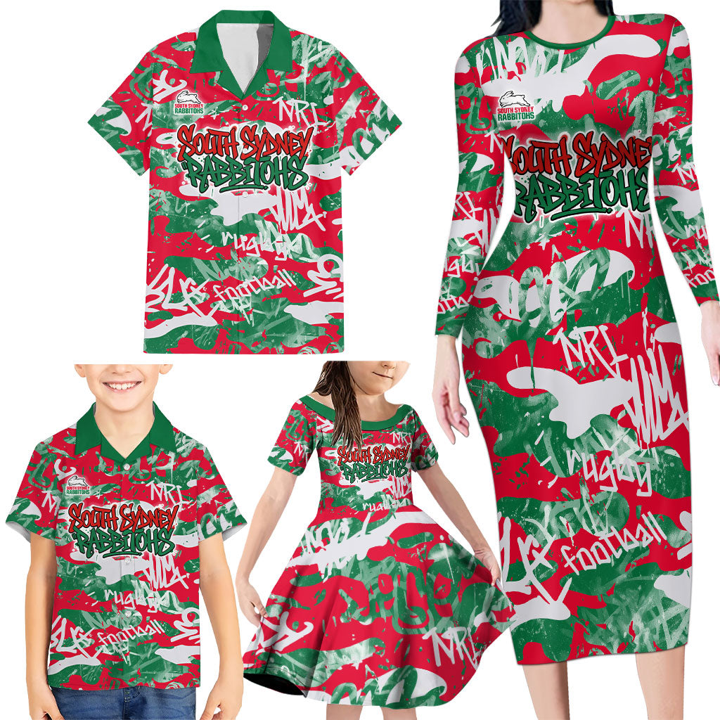 South Sydney Rabbitohs Rugby Family Matching Long Sleeve Bodycon Dress and Hawaiian Shirt Graffiti Typography Urban Camo Abstract Street Style