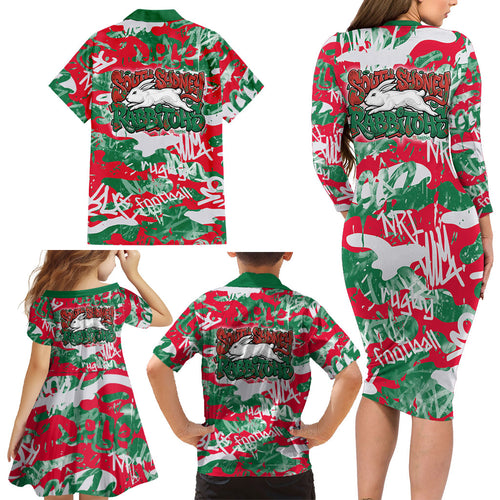 South Sydney Rabbitohs Rugby Family Matching Long Sleeve Bodycon Dress and Hawaiian Shirt Graffiti Typography Urban Camo Abstract Street Style