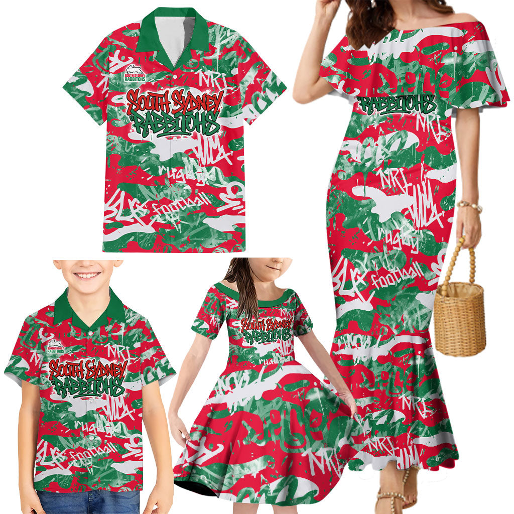 South Sydney Rabbitohs Rugby Family Matching Mermaid Dress and Hawaiian Shirt Graffiti Typography Urban Camo Abstract Street Style
