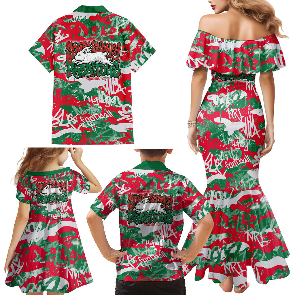 South Sydney Rabbitohs Rugby Family Matching Mermaid Dress and Hawaiian Shirt Graffiti Typography Urban Camo Abstract Street Style