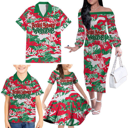 South Sydney Rabbitohs Rugby Family Matching Off The Shoulder Long Sleeve Dress and Hawaiian Shirt Graffiti Typography Urban Camo Abstract Street Style