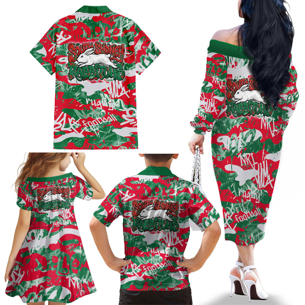 South Sydney Rabbitohs Rugby Family Matching Off The Shoulder Long Sleeve Dress and Hawaiian Shirt Graffiti Typography Urban Camo Abstract Street Style