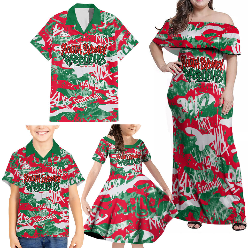 South Sydney Rabbitohs Rugby Family Matching Off Shoulder Maxi Dress and Hawaiian Shirt Graffiti Typography Urban Camo Abstract Street Style
