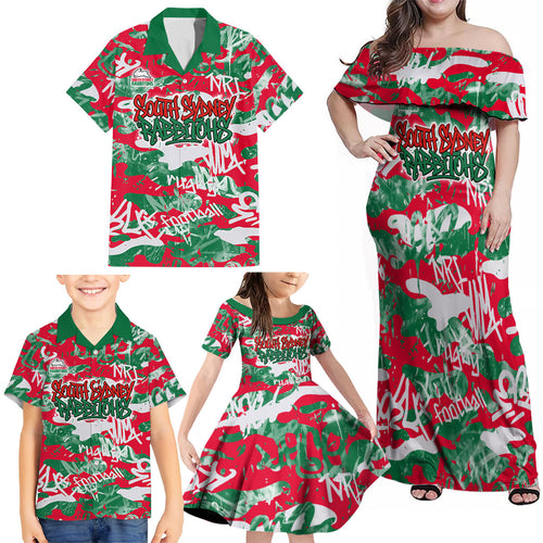South Sydney Rabbitohs Rugby Family Matching Off Shoulder Maxi Dress and Hawaiian Shirt Graffiti Typography Urban Camo Abstract Street Style
