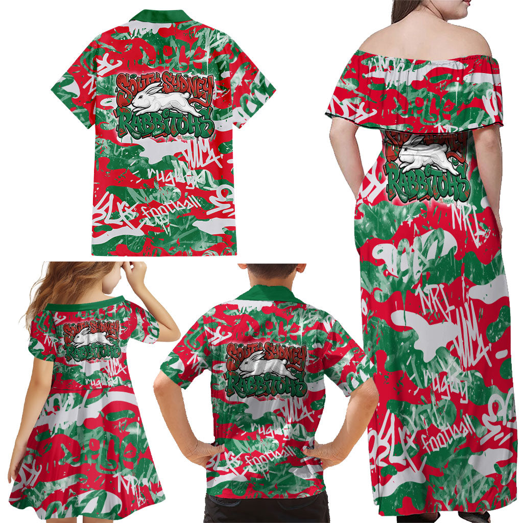 South Sydney Rabbitohs Rugby Family Matching Off Shoulder Maxi Dress and Hawaiian Shirt Graffiti Typography Urban Camo Abstract Street Style