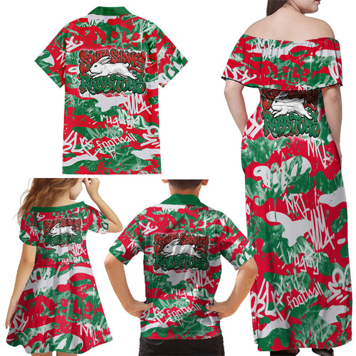 South Sydney Rabbitohs Rugby Family Matching Off Shoulder Maxi Dress and Hawaiian Shirt Graffiti Typography Urban Camo Abstract Street Style
