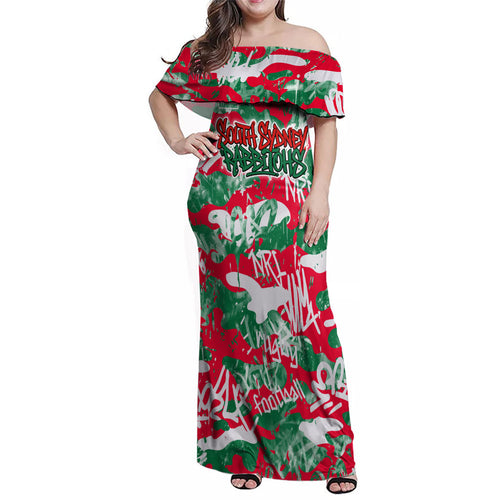 South Sydney Rabbitohs Rugby Family Matching Off Shoulder Maxi Dress and Hawaiian Shirt Graffiti Typography Urban Camo Abstract Street Style